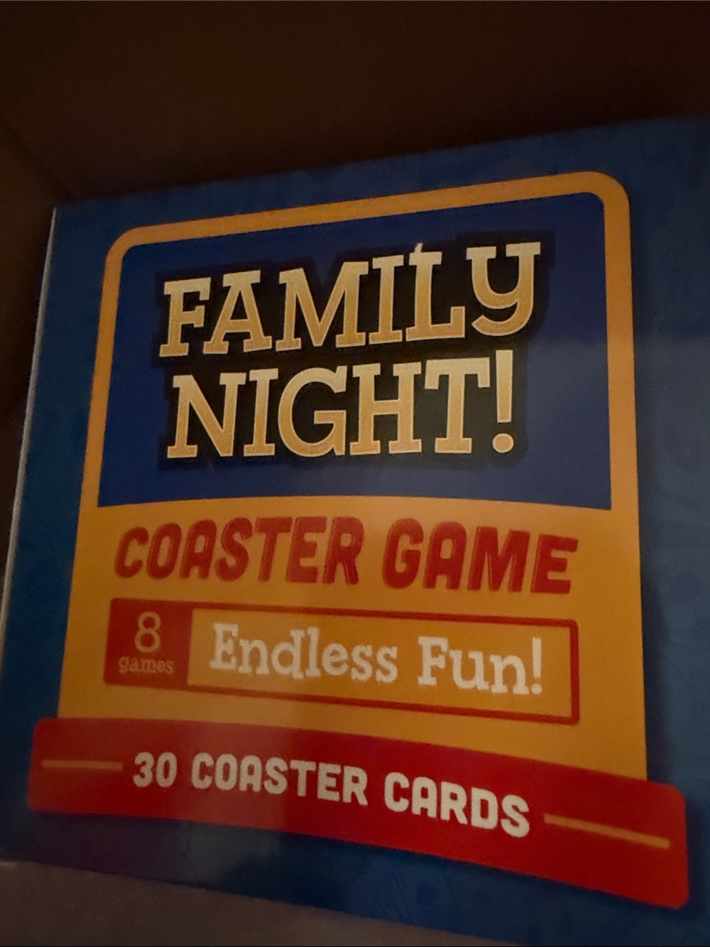 Family night coaster game with eight games of endless fun and 30 coaster cards